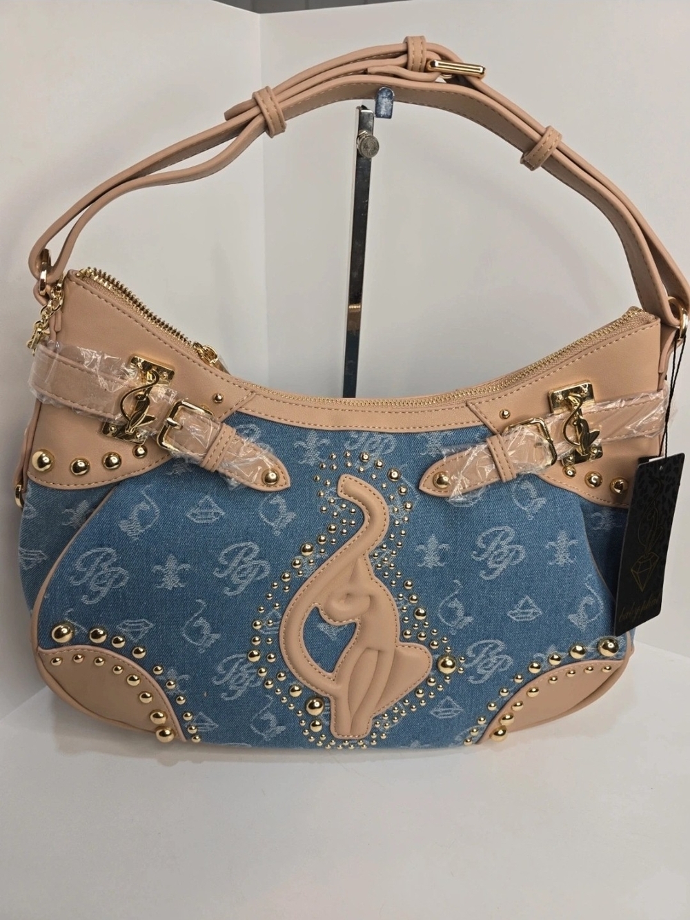 👉✨️ Baby Phat Blue Denim and Nude Leather Hobo with Studded Cat Accent